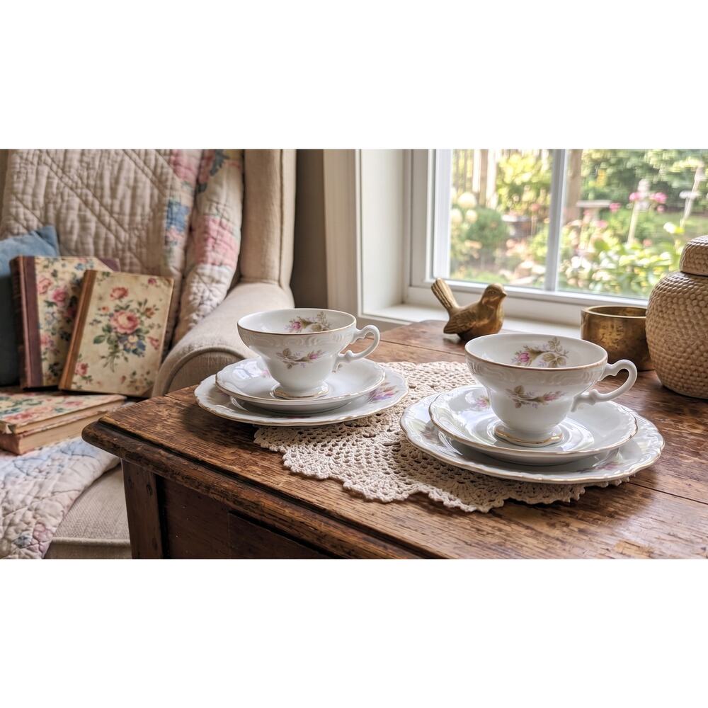 Vintage Rosemarie Japan Porcelain Tea Cup Saucer & Plate Set Pink Rose
